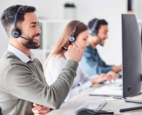 call center and working in team office with headset